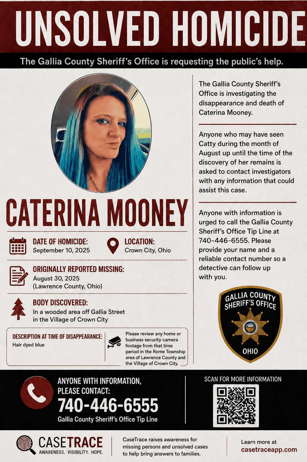 Awareness flyer for Caterina “Catty” Mooney